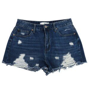 KanCan Women 9/28 KC5197ND Distressed Blue Denim Jean Shorts Raw Hem Pockets